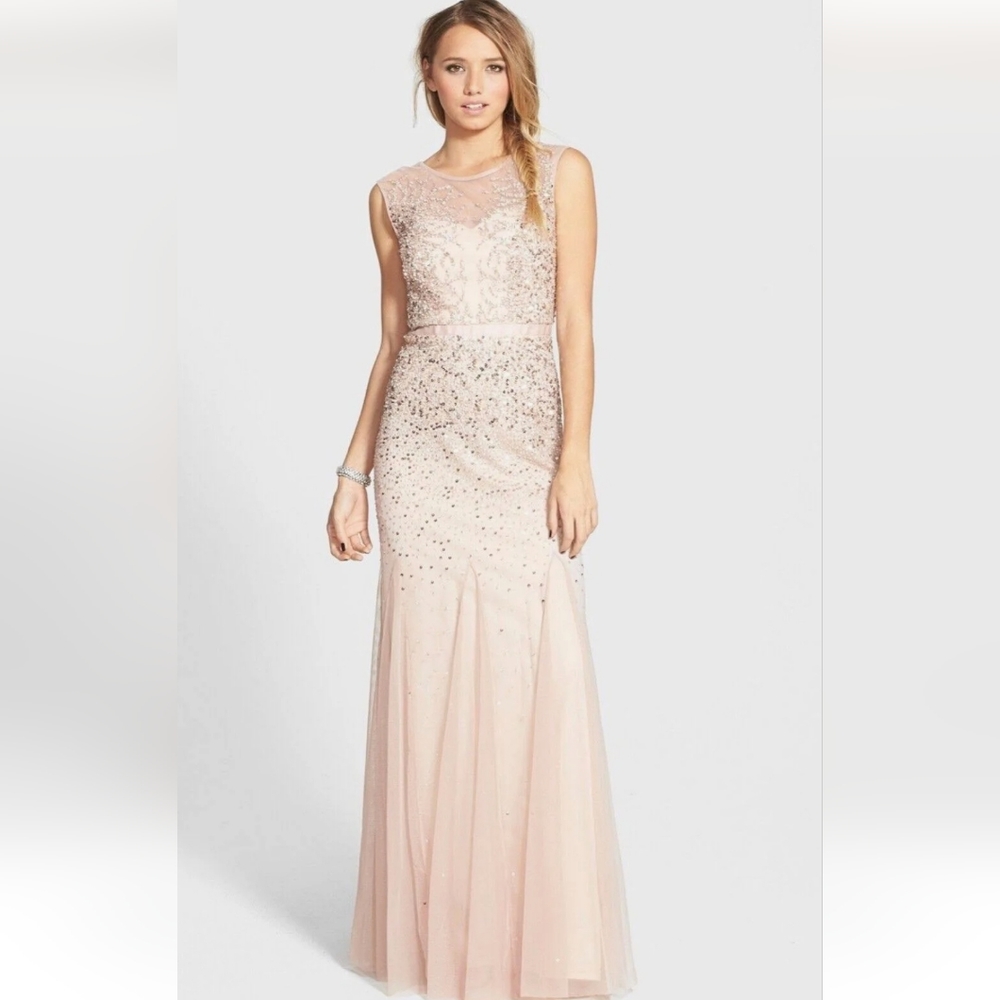 adrianna pappel petite beaded illusion gown (blush)